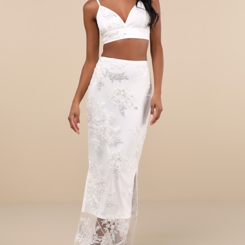 Lulus Luminescent Aura White Embroidered Mesh Two-piece Maxi Dress - Size XL